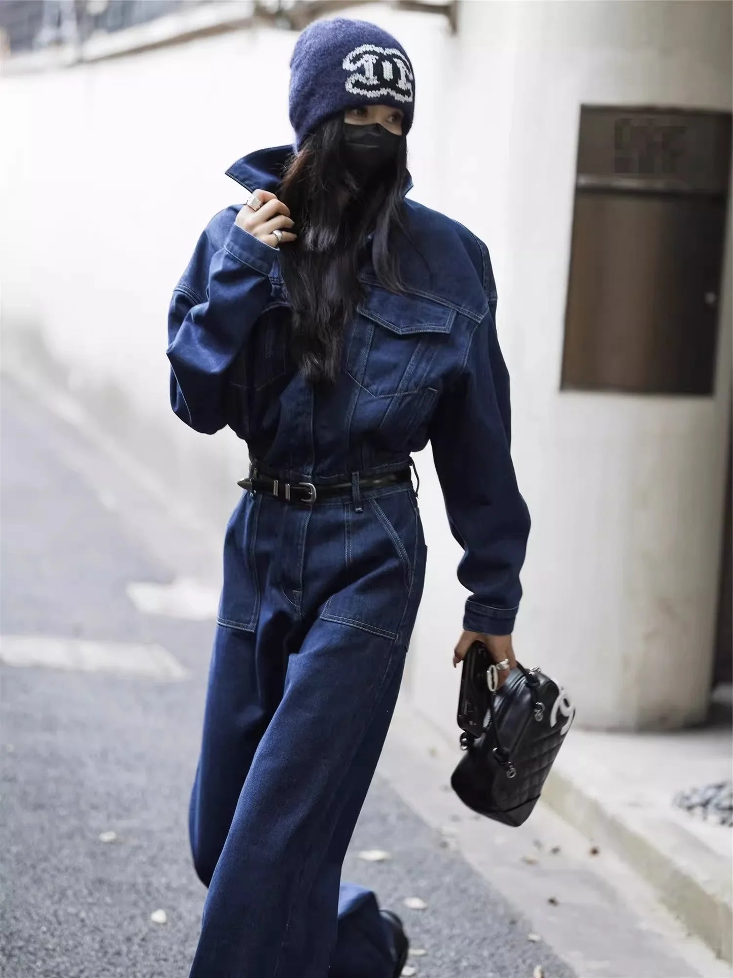 Blue Design Denim Jumpsuit Women'S Spring And Autumn Collar Fashionable Workwear Large Pocket Loose Pants