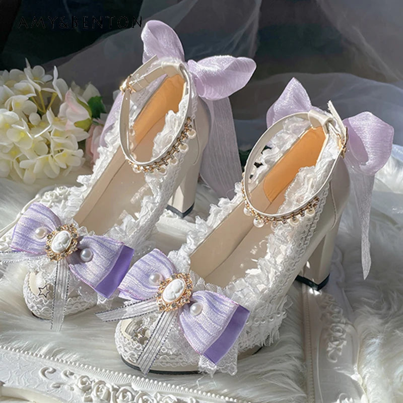 Original Handmade Lolita High Heels Heavy Industry Feather Stitching Pearl Bow Lace Platform Shoes Round Head Princess Heels
