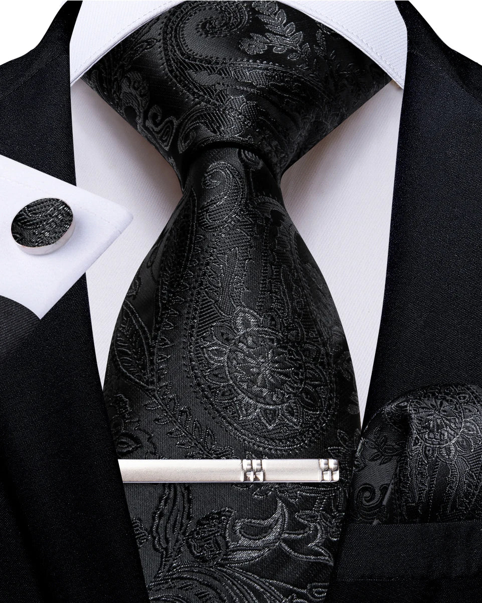 Men's Tie Set with Clip Luxury Retro Striped Floral 8cm Necktie Handkerchief Cufflinks Wedding Party Business Accessories Gift