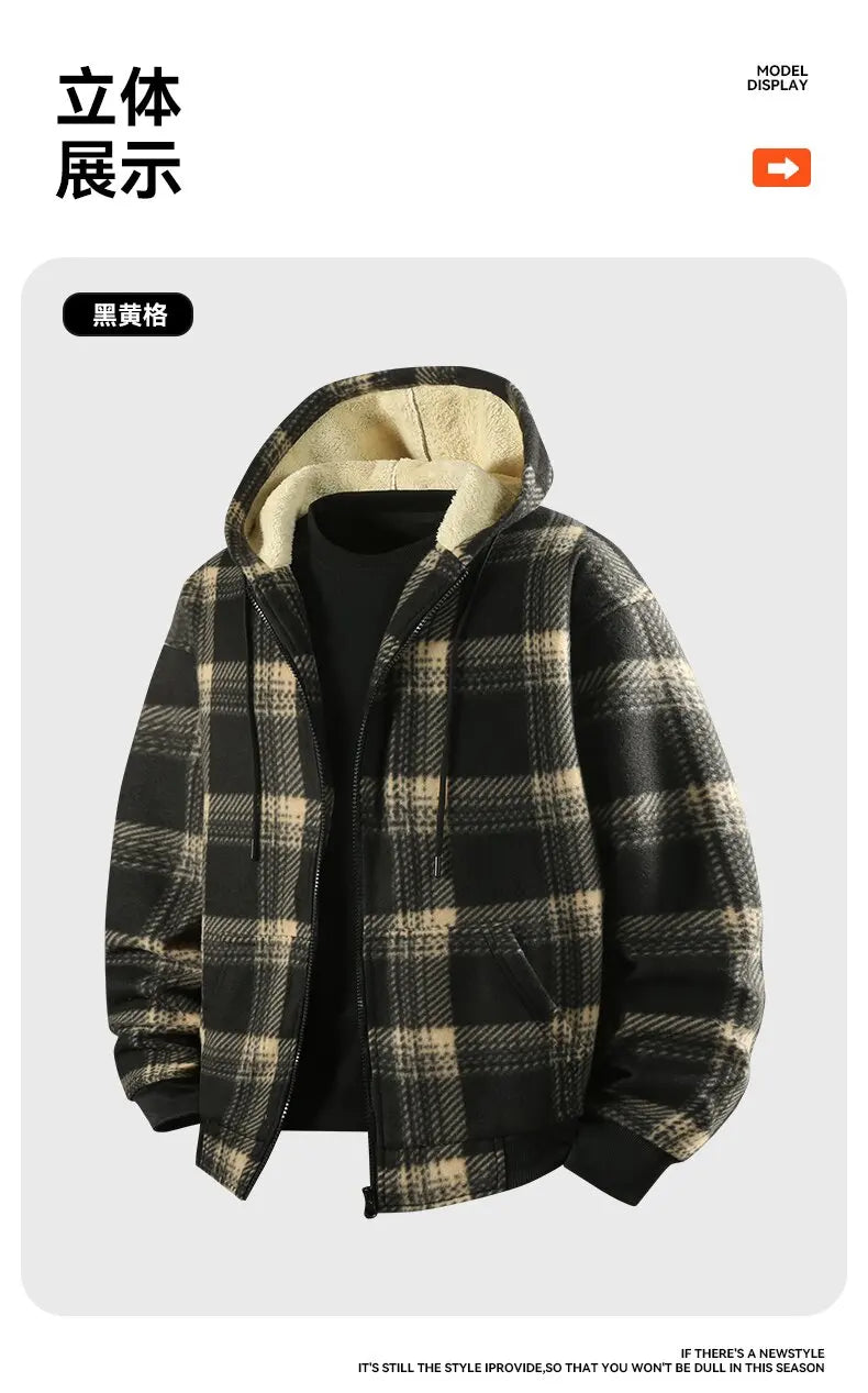 Winter Fashionable Trendy Grid Thickened Warm Lamb Fleece Jacket for Men's Casual Loose Sports Large Size High Quality Jacket
