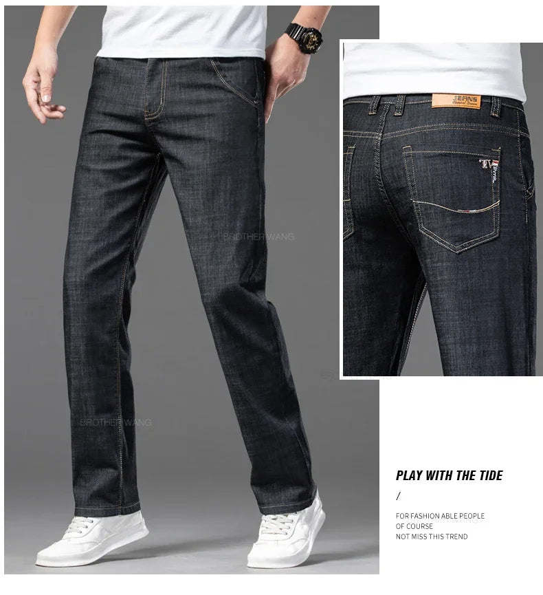 Summer Thin Men's Straight Jeans Classic Black Blue Stretch Casual Business Baggy Denim Pants Male Brand Trousers