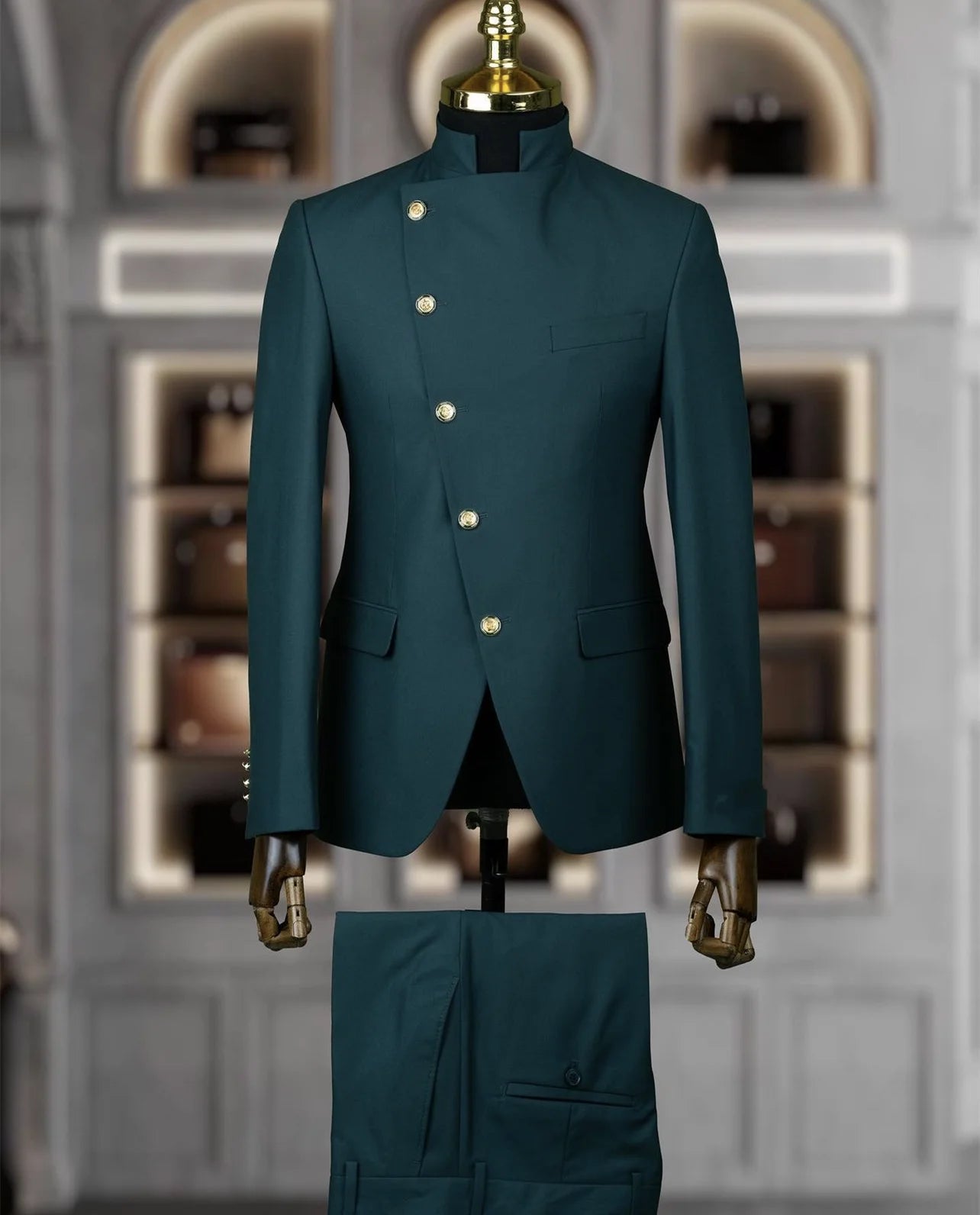 Men's Suit Blazer Sets 2 Pieces East Style Slim Fit Formal Indian Middle Stand-Up Collar Suit for Men Slant-Breasted Wedding