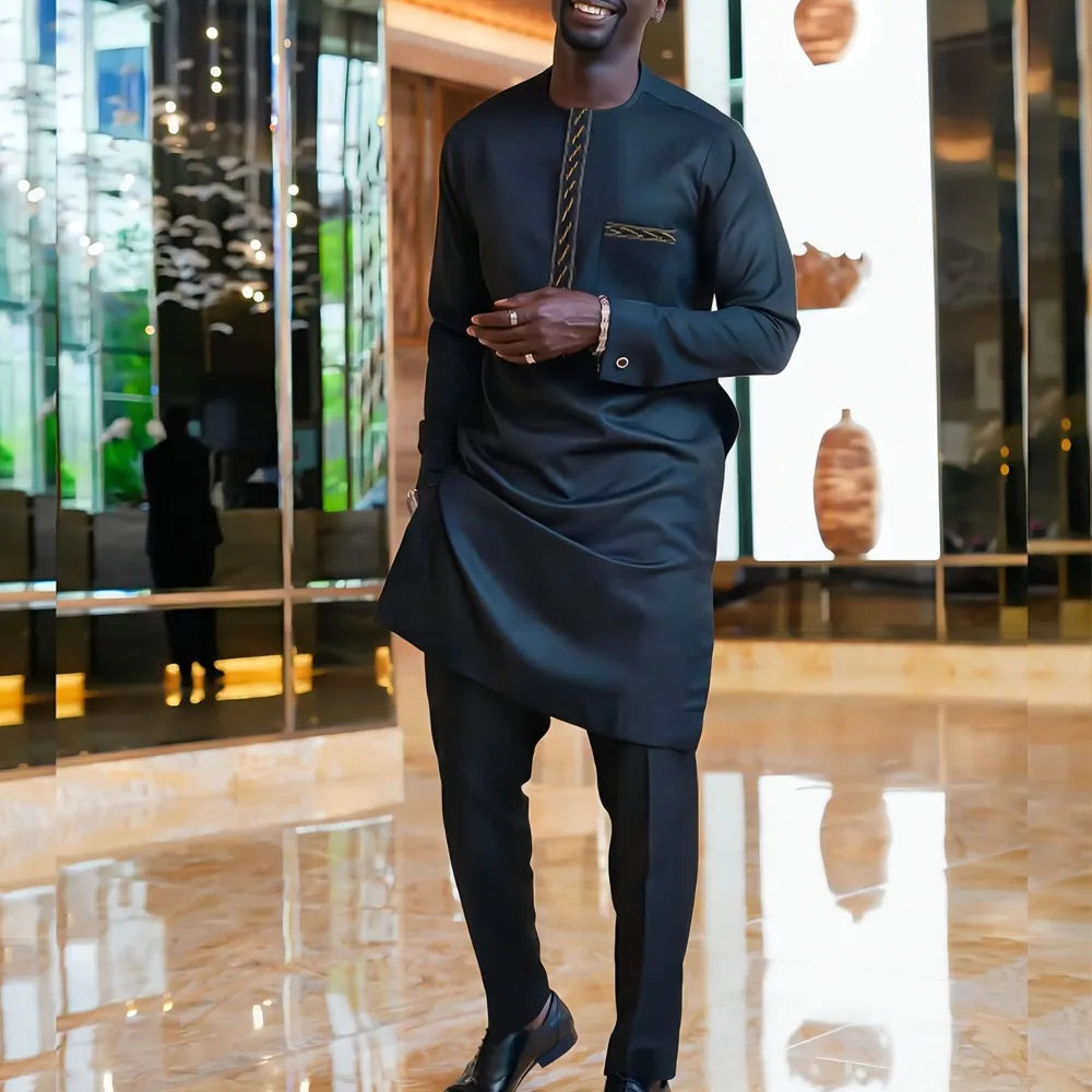 Kaunda Men's Suits Kaftan Outfits Round Neck Striped Print Long-sleeved African Ethnic Style Men's Sets Traditional Clothing