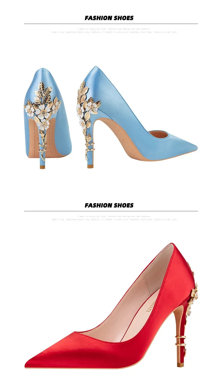 Women's Metal Flowers Stiletto High-heel Shoes Female Light Luxury Sexy Fashion Wedding Shoes Pointed Toe Satin Single Shoes