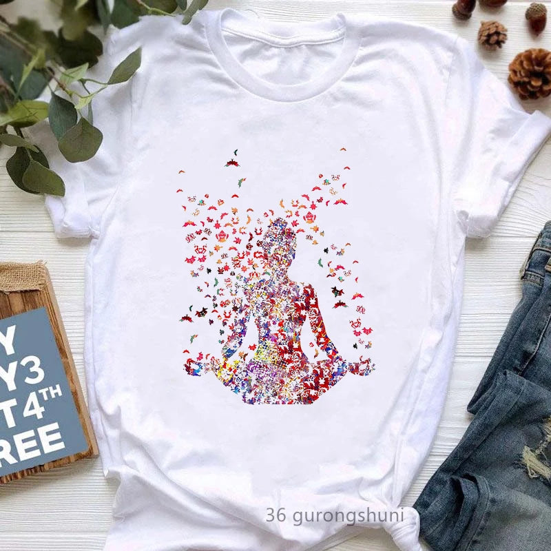 Newest Yoga Tree Print Tshirt Girls Summer Fashion Short Sleeve T Shirt Women Buddha Chakra Meditation T-Shirt Female Wholesale