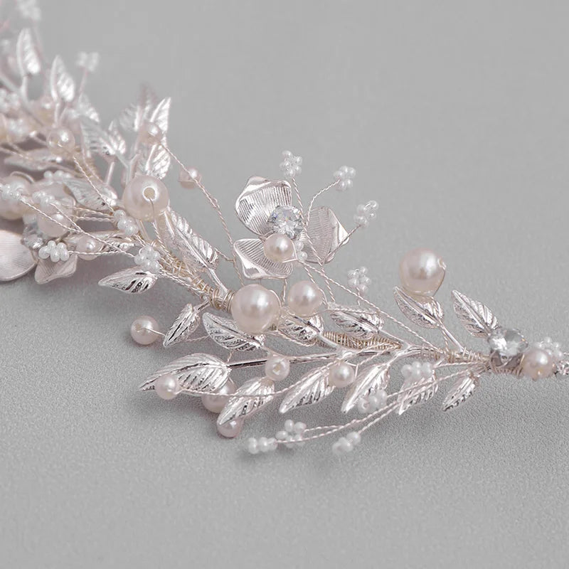 Silver Color Leaf Pearl Headband Tiara For Bridal Hair Accessories Wedding Hair Band Crystal Pearl Tiaras and Brides Headpieces