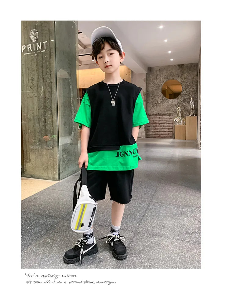 Summer Children Boy Clothes Set Kid Faux Two-piece Letterr Printed Tshirts and Shorts 2 Pieces Suit Teenage Top Bottom Outfits