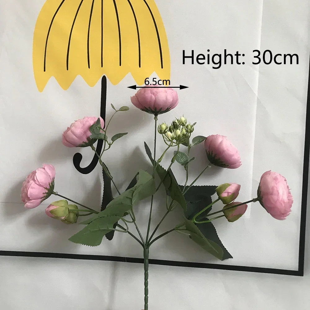 30cm Rose Pink Silk Bouquet Peony Artificial Flowers 5 Big Heads 4 Small Bud Bride Wedding Home Decoration Fake Flowers Faux