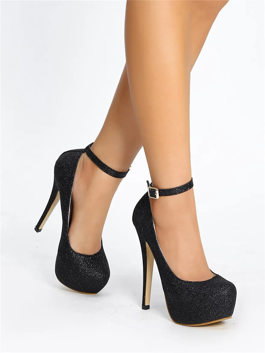 New Women's Shoes Round Toe Glitter Single Shoes Shallow Mouth Waterproof Slim Heel Women's High Heels Plus Size Shoes
