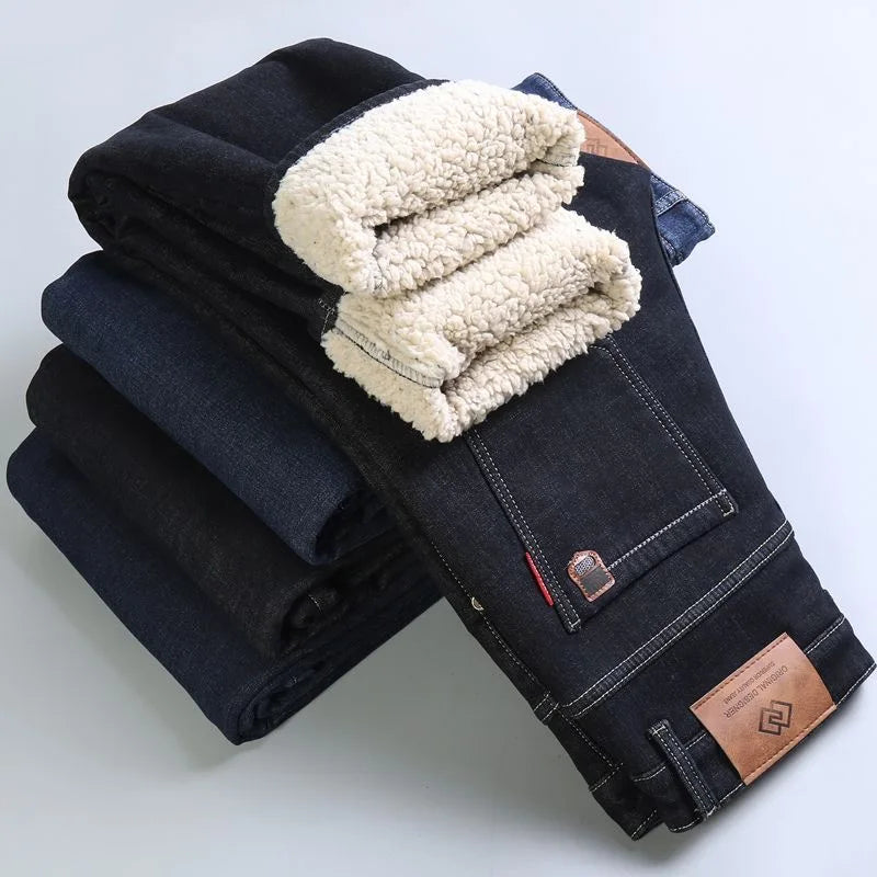 Winter New Fashion Trend Solid Color Plus Plush Thick Warm Jeans For Men's Casual Loose Sports Straight Leg Elastic Jeans 28-40