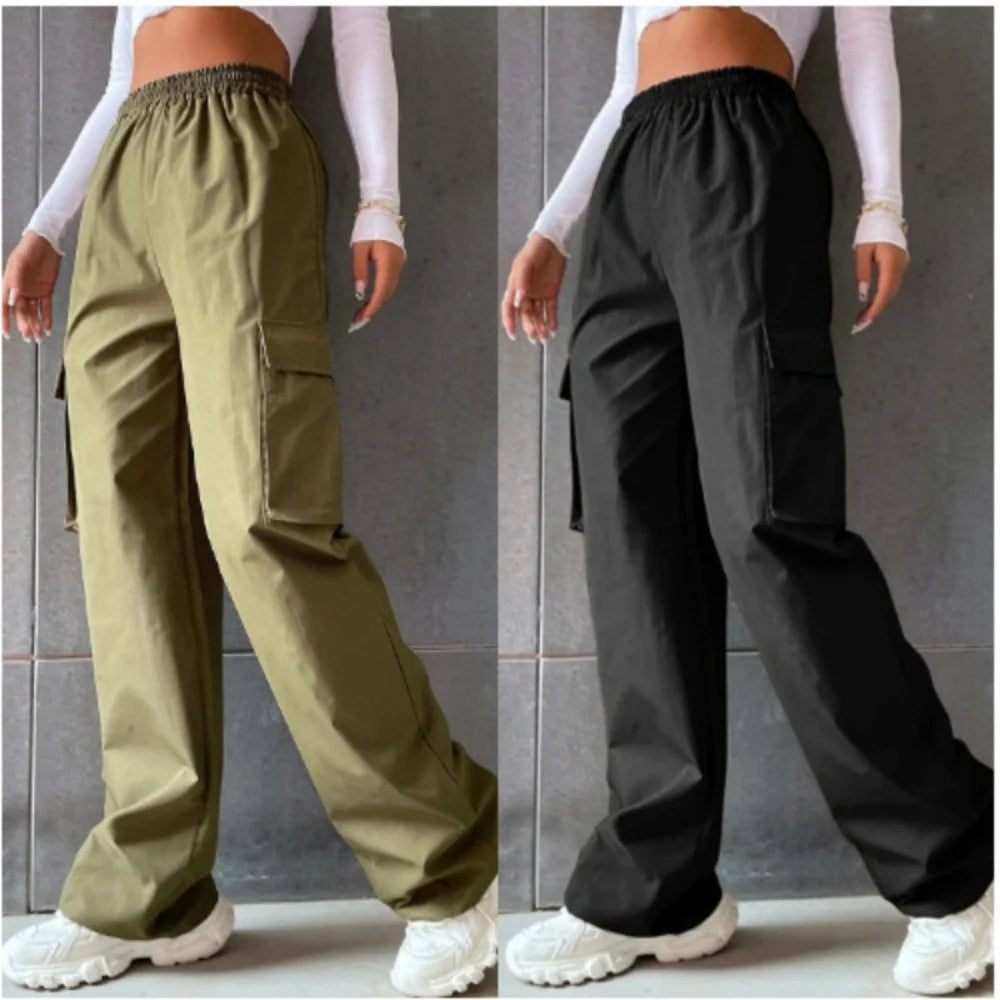 Vintage Streetwear Cargo Pants Fashion Women Solid Oversized Pocket High Waist Baggy Pant Casual Hip Hop Straight New Trousers