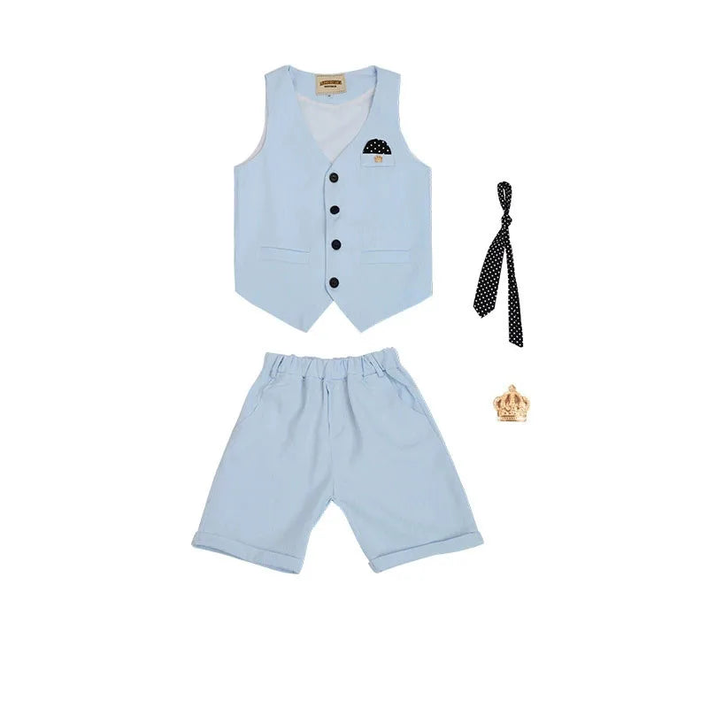 Boys Summer Vest Dress 3Pieces/Set Vest Shorts Bowtie Photograph Suit School Performance Clothing Set Children Wedding Custome