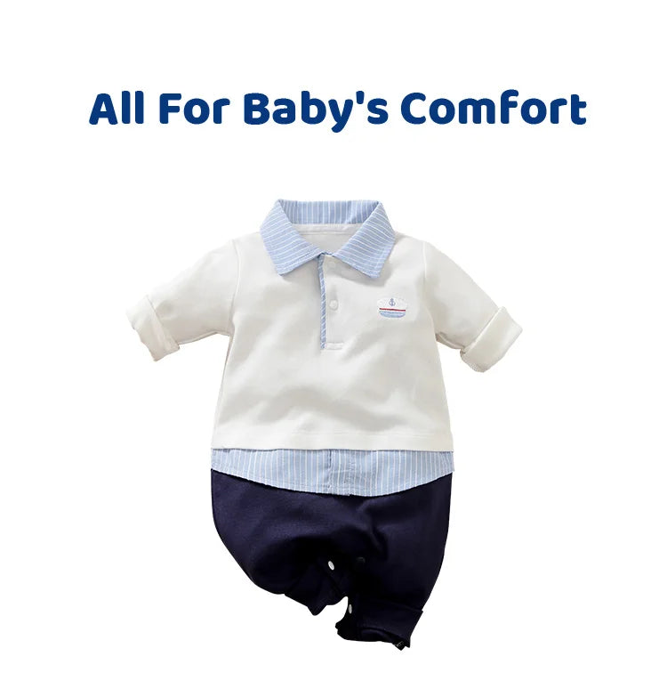 Spring and Autumn Boys' Cute Solid Gentleman Cotton Comfortable Casual Long Sleeve Baby Bodysuit