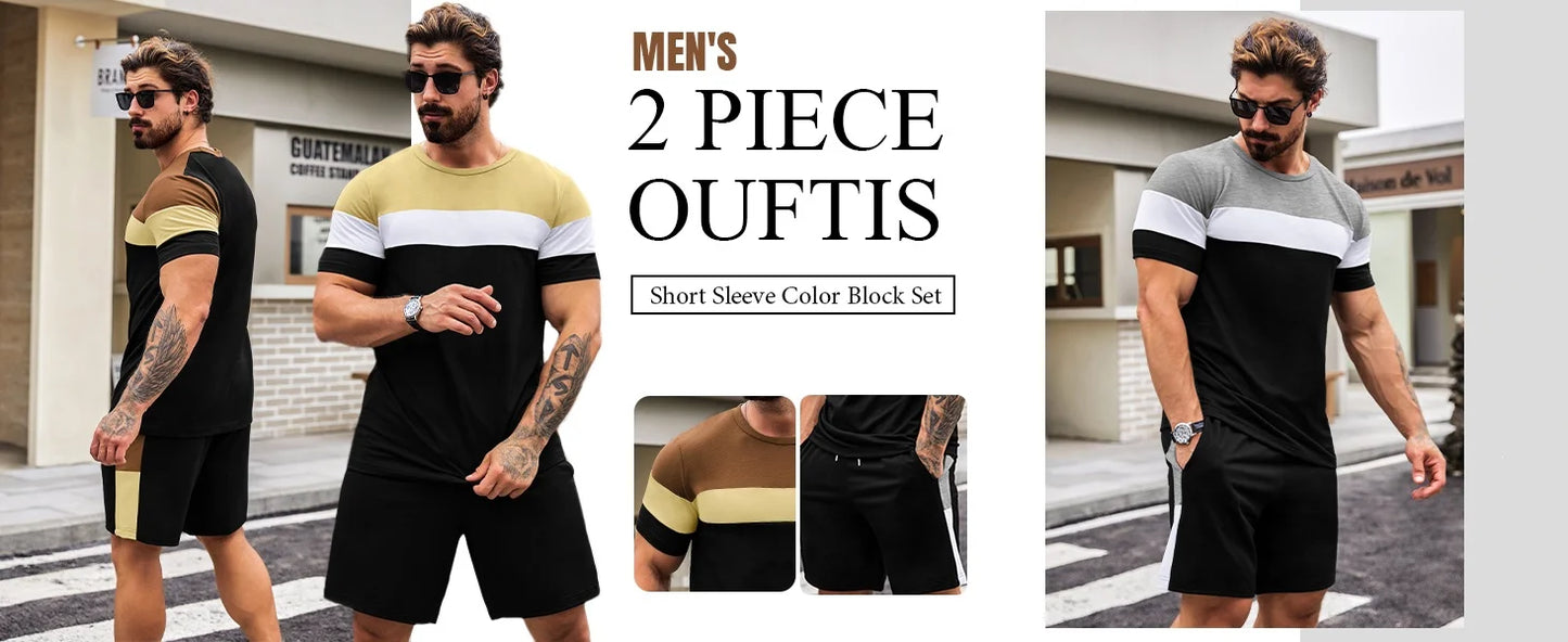 2025 Mens Summer Casual Suit Textured Printed Mixed Color Short Sleeve Outdoor Street Fashion Shorts Two Piece Pocket Loose Suit