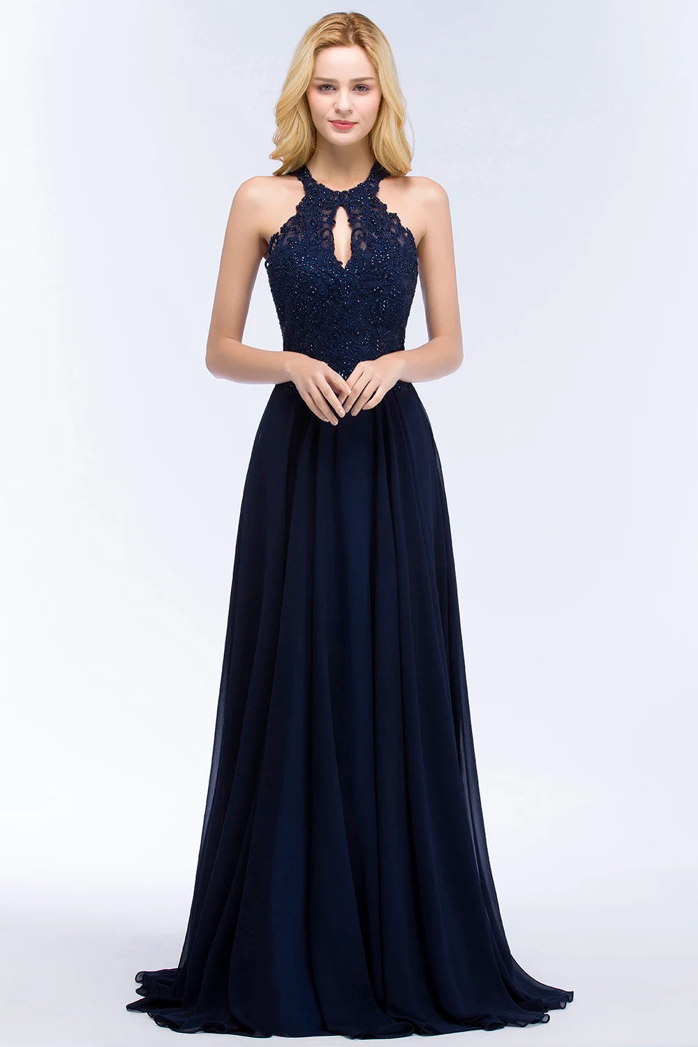 BABYONLINE Halter Neckline Lace Pearls Bodice Bridesmaid Dress Long Floor-length Skirt Chiffon Sexy Open Back Wedding Clothes