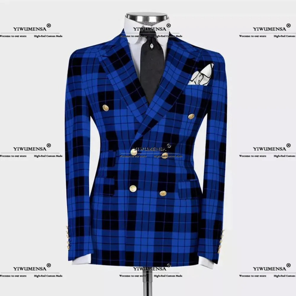 Plaid Check Suits Men Double Breasted Prom Blazers Formal Business Jacket Pants 2 Pieces Groom Wedding Tuxedos terno masculino