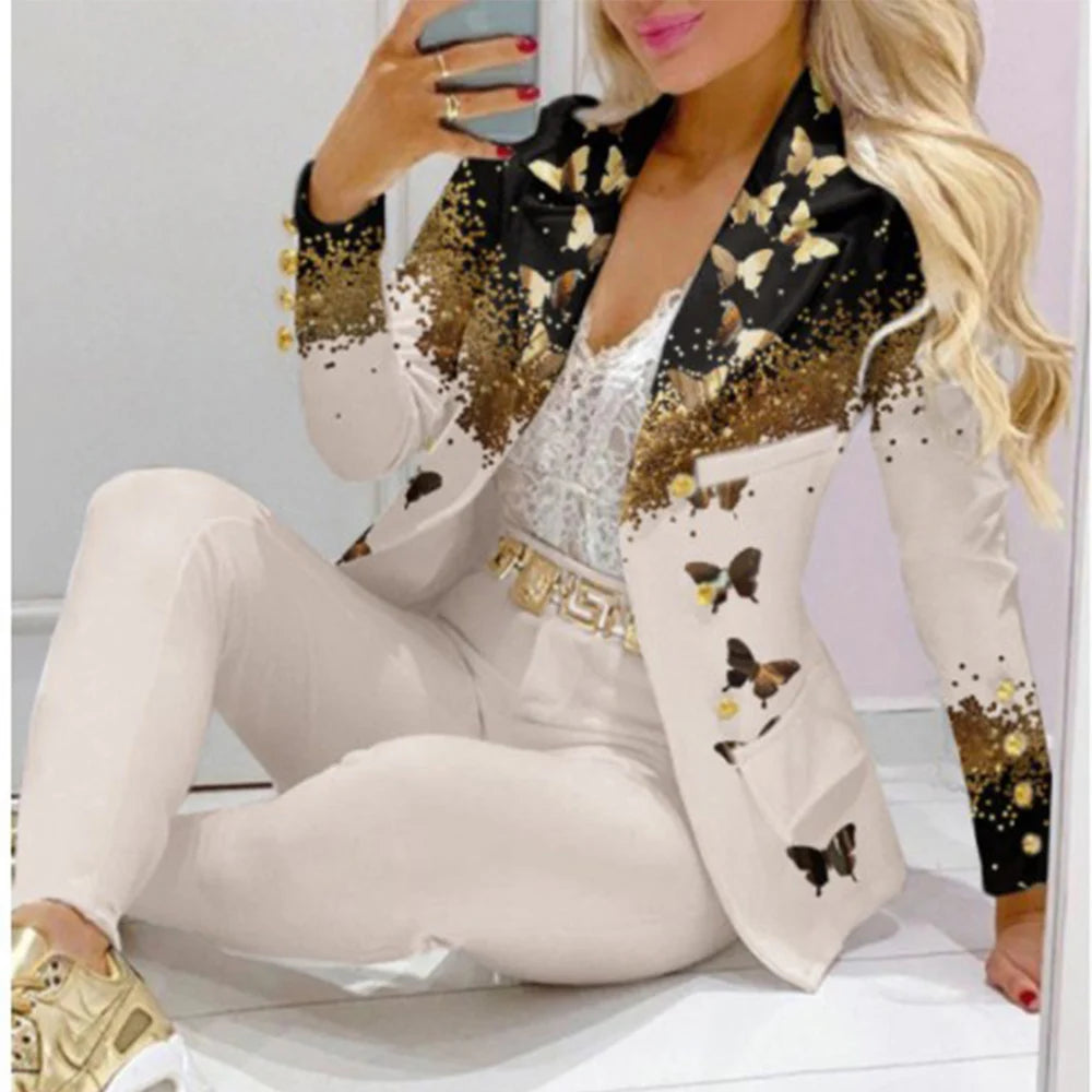 Fashion Butterfly Print Blazer Suit and Pants Two Piece Set for Women 2023 Autumn Winter Outfit Office Lady Casual Clothing