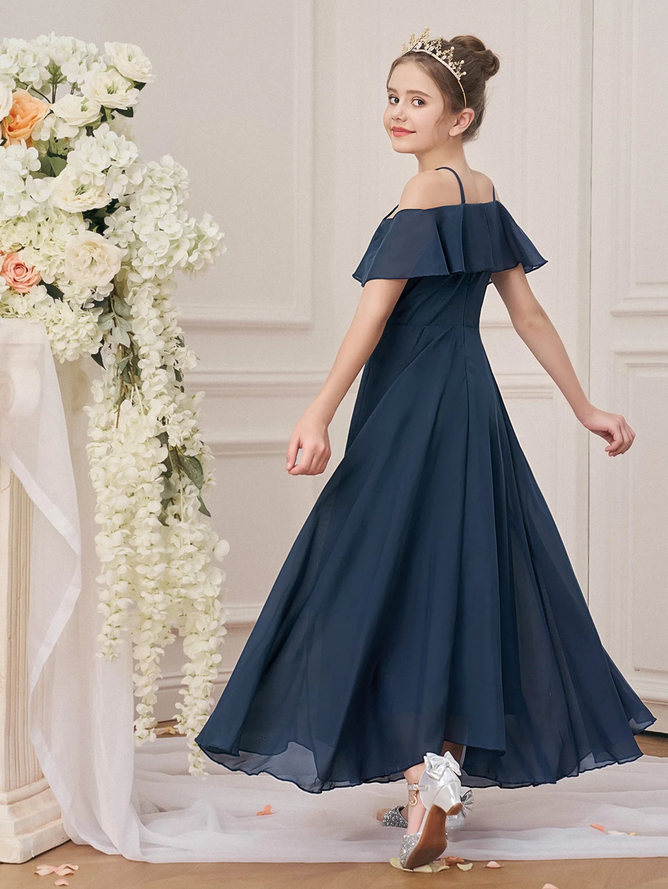 Ruffle Girls Party Bridesmaid Strap Dress off Shoulder Long Wedding Princess Prom Dresses Kids Elegant Beach Birthday Evening