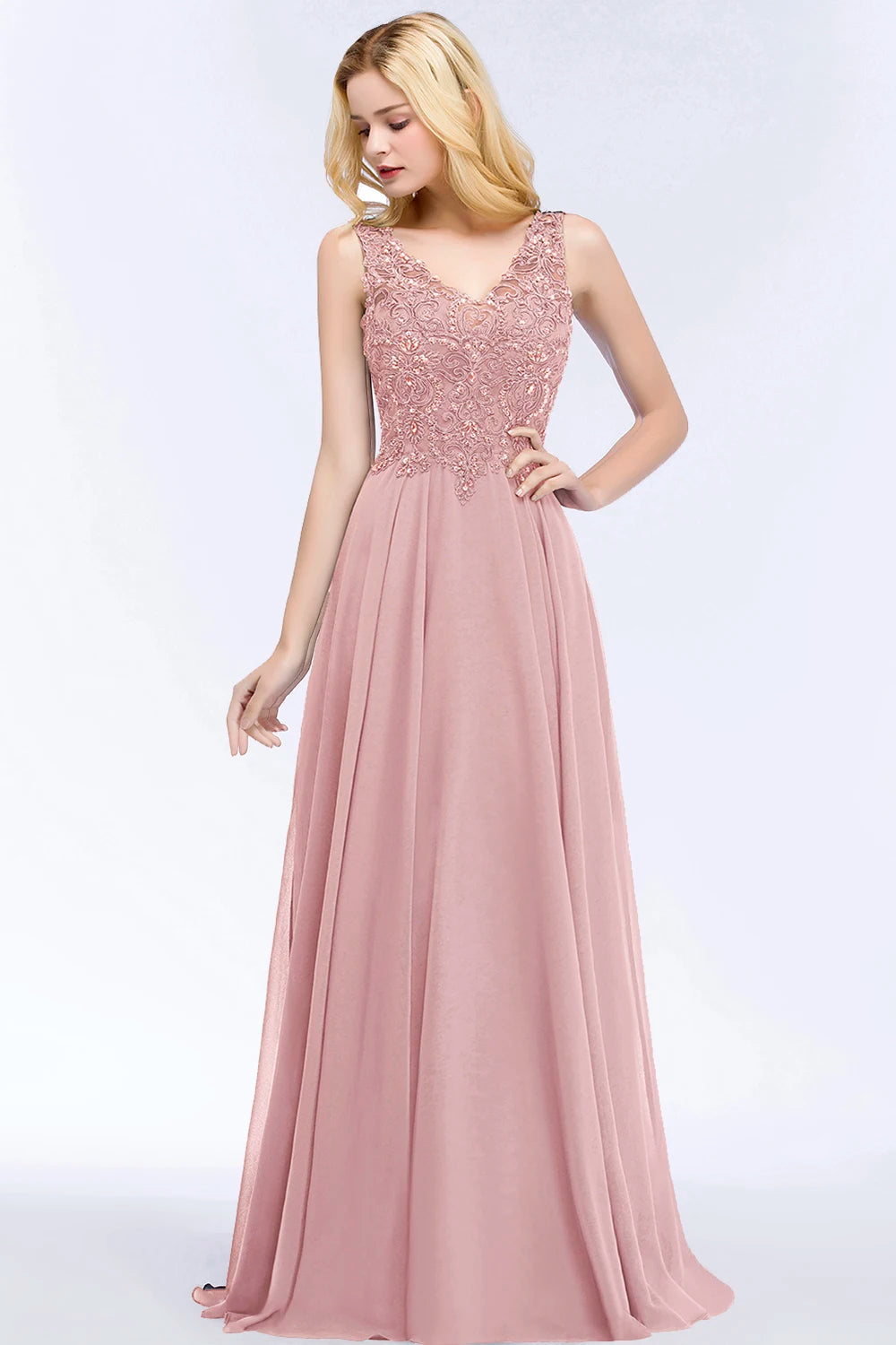 BABYONLINE Halter Neckline Lace Pearls Bodice Bridesmaid Dress Long Floor-length Skirt Chiffon Sexy Open Back Wedding Clothes
