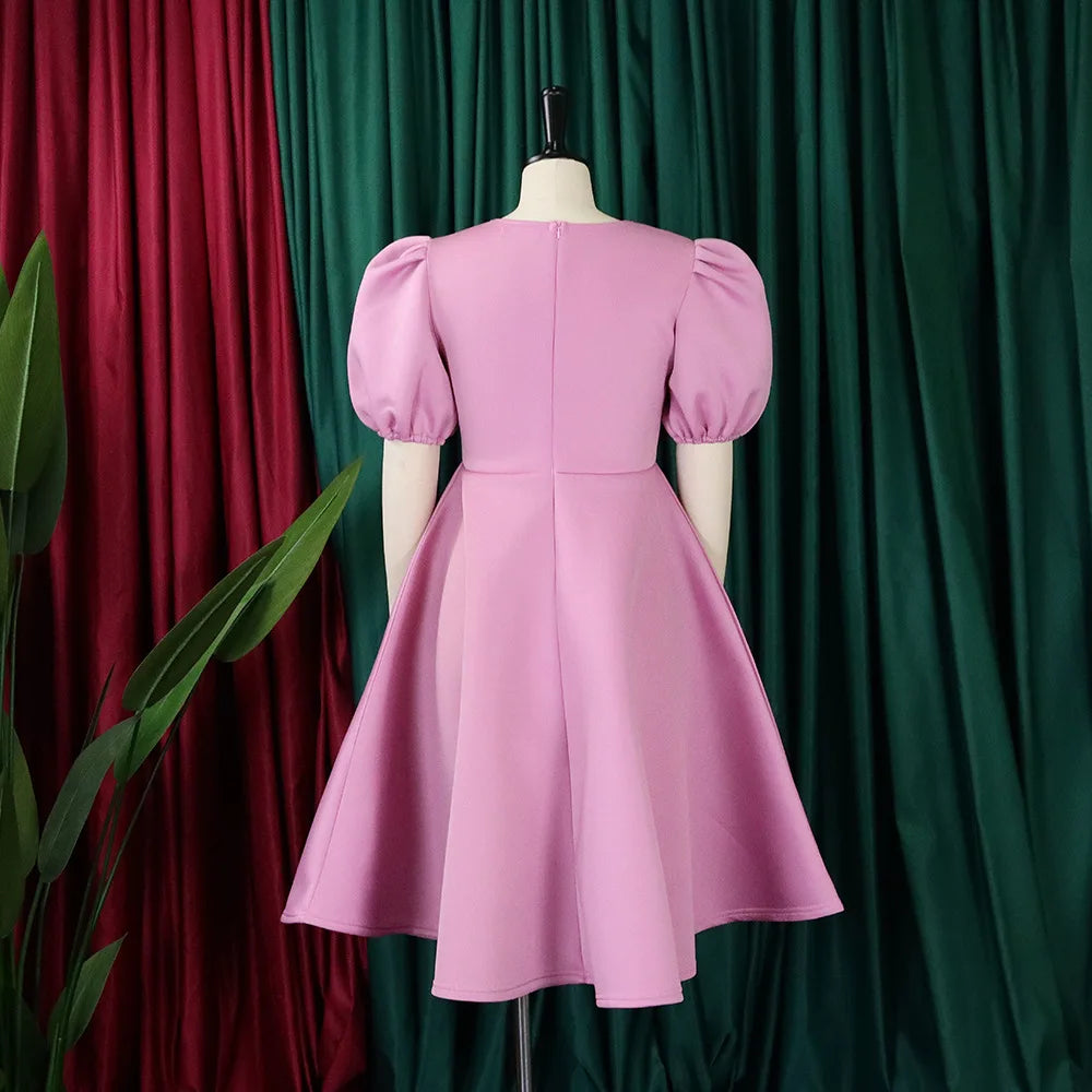 Elegant Party Dresses for Women O Neck Short Sleeve High Waisted A Line Pleated Mid Calf Luxury Birthday Dinner Vestidos Mujer