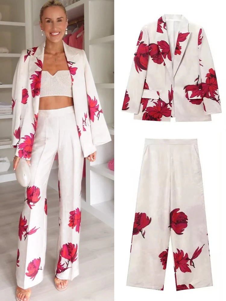 TRAFZA Women Print Lapel Long Sleeves Fake Pocket Decorate Blazer Top+2024 Slim Loose Side Zipper Wide Leg Pants Trouser Suit