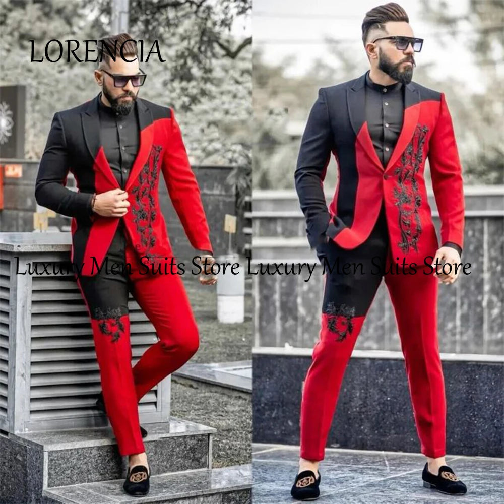 Fashion 2 Pieces Suits for Men Applique Slim Fit Tuxedos Groom Wedding Customized Flat Collar Blazer Pants vestido para hombre