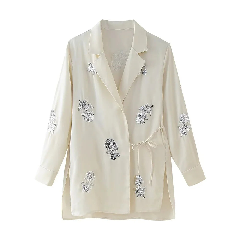 Zach Ailsa 2024 Summer New Product Women's Fashion Loose Lace up Suit Coat Beaded Silk Texture Long Pants Casual Set