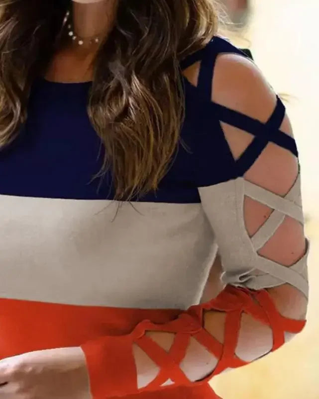 Fashion Blouse for Women Spring Round Neck Long Sleeve Crisscross Hollow Out Design Colorblock Cold Shoulder Top Pullover