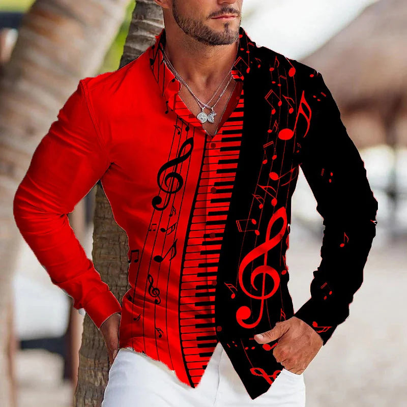 2023 Fashion Men's Shirt Music Note 3D Printing Lapel Button Top Long Sleeve Shirt Clothing Comfortable S-6XL