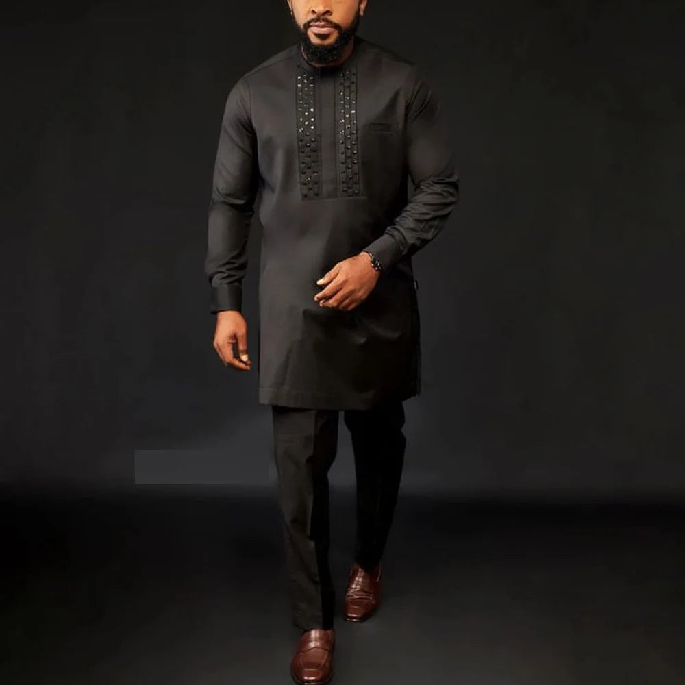 Kaunda Men's Suits Kaftan Outfits Round Neck Striped Print Long-sleeved African Ethnic Style Men's Sets Traditional Clothing