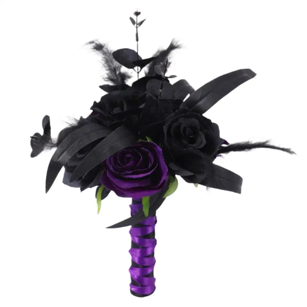 Yannew Black Burgundy Gothic Bridal Bouquets for Bride Bridesmaids Artifiicial Silk Foam Roses Flower Wedding Bouquet Halloween
