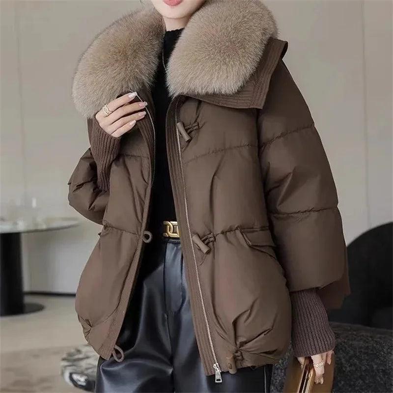 2025 Down Jacket Women Winter Coat New Fashion Warm Thick Short Loose Cotton Splicing Fur Collar Quilted Coat Women Clothing