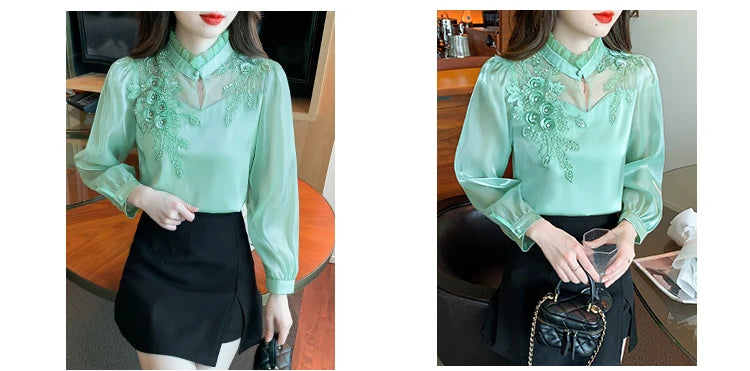 H Han Queen Elegant Autumn Shirt Embroidery Beads Chiffon Simple Office Blouse Loose Tops Long Sleeve Casual Blouses Women