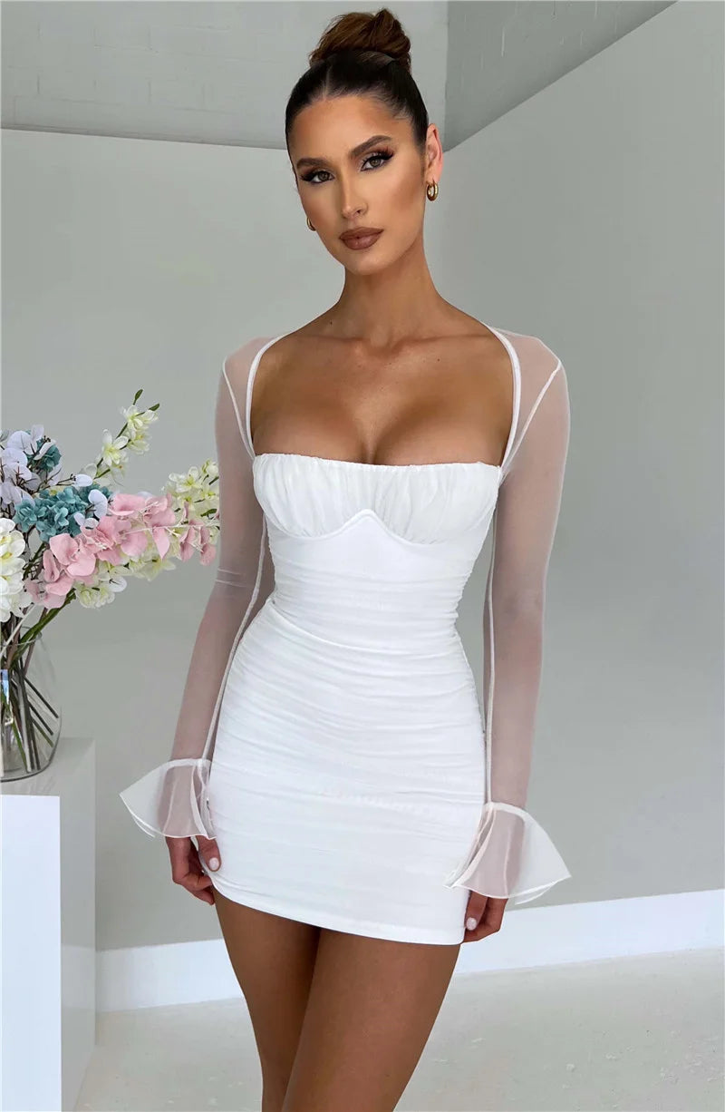 Mozision Elegant Backless Sexy Mini Dress For Women Robe Two Layer Mesh Full Sleeve Zipper Bodycon Party Short Dress Vestido