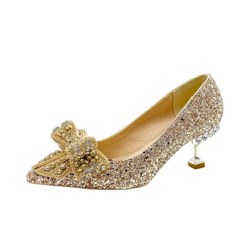Women's Rhinestone Wedding Shoes New Year Shoes Luxury Buckle Decorative Banquet Women's Shoes High Heels Gold Silver Red