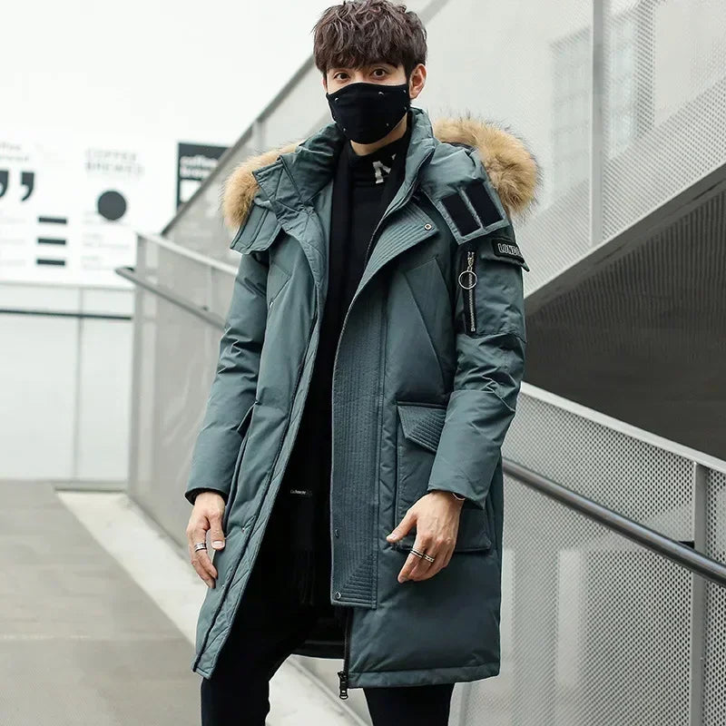 Men's Thickened Down Jacket Hooded Faux Fur Collar Winter Long Parka Jacket Outdoor Street Fashion Jacket Men's Clothing 2024