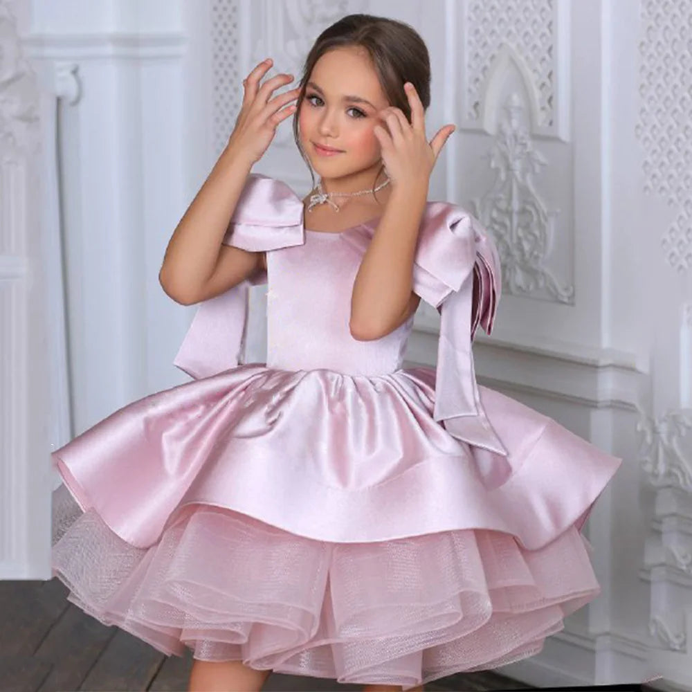 Dusty PinK Flower Girl Dress Customized Scoop Neck Off The Shoulder Big Bow Puff Cute Birthday Party Dresses Communion Gown