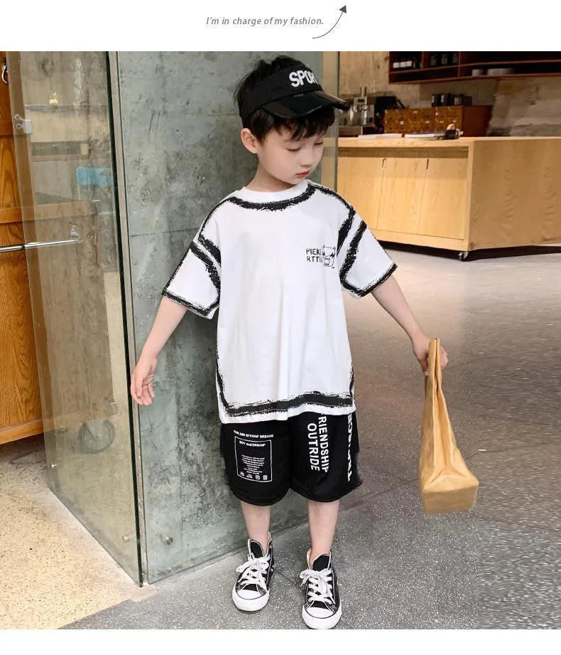 Summer Casual Boys Cotton Contrast Alphabet Graffiti t-Shirt Top+Shorts Pant Set School Kids Tracksuit Child 2PCS Outfit 5-14 Yr