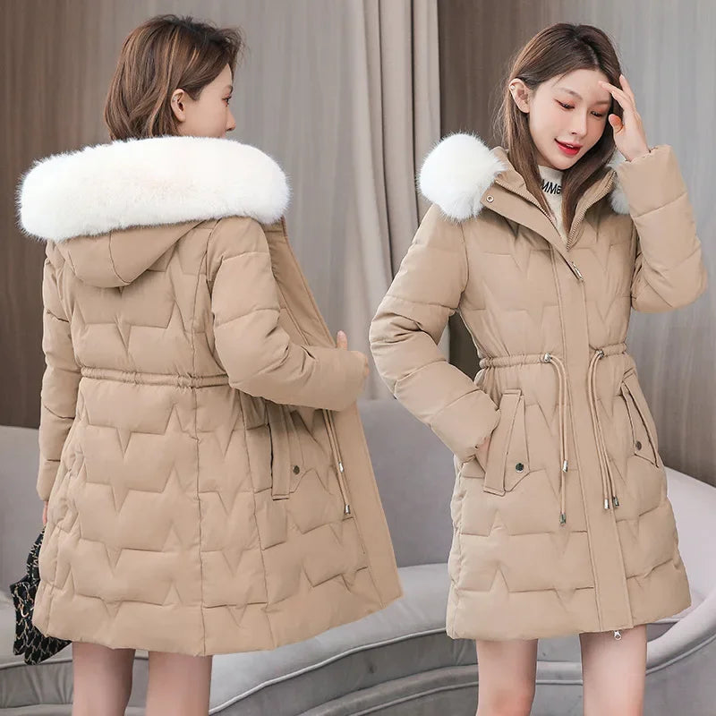 2025 New Winter Women Parka Fur Hooded Jackets Thicken Warm Cotton-padded Puffer Coat Casual Long Parkas Clothes Loose Outerwear