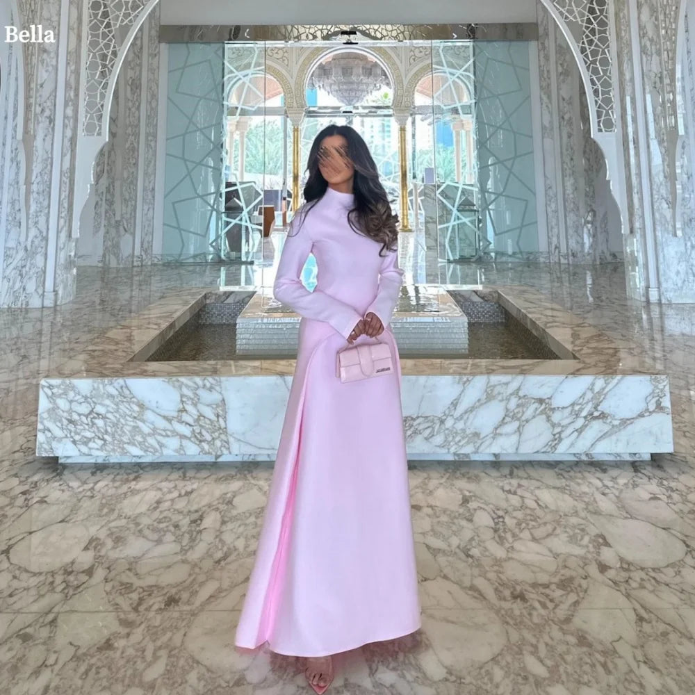 Bella Customized Pink A-line Satin High Neck robes de soirée Long Sleeves Side Slit Party Dresses Floor-Length Prom Dress 2025