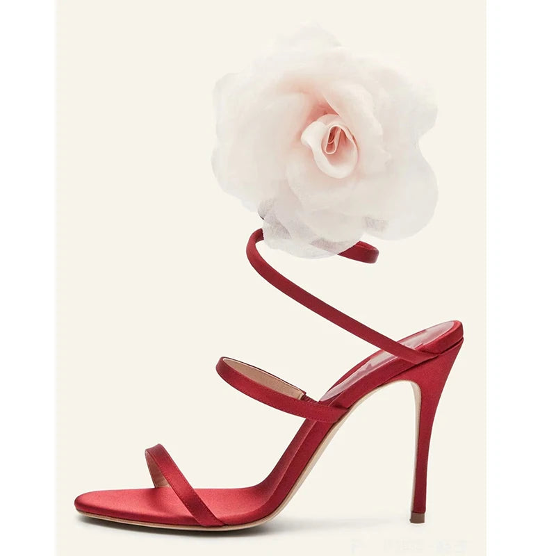 Flower Slender Straps Coiled Snakes Wrap Stiletto Sandals Woman Summer 2025 Open Toe Ankle Strap Slingback High Heels Shoes