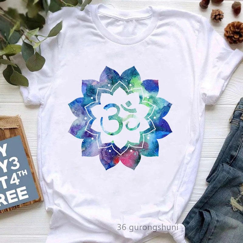 Newest Yoga Tree Print Tshirt Girls Summer Fashion Short Sleeve T Shirt Women Buddha Chakra Meditation T-Shirt Female Wholesale