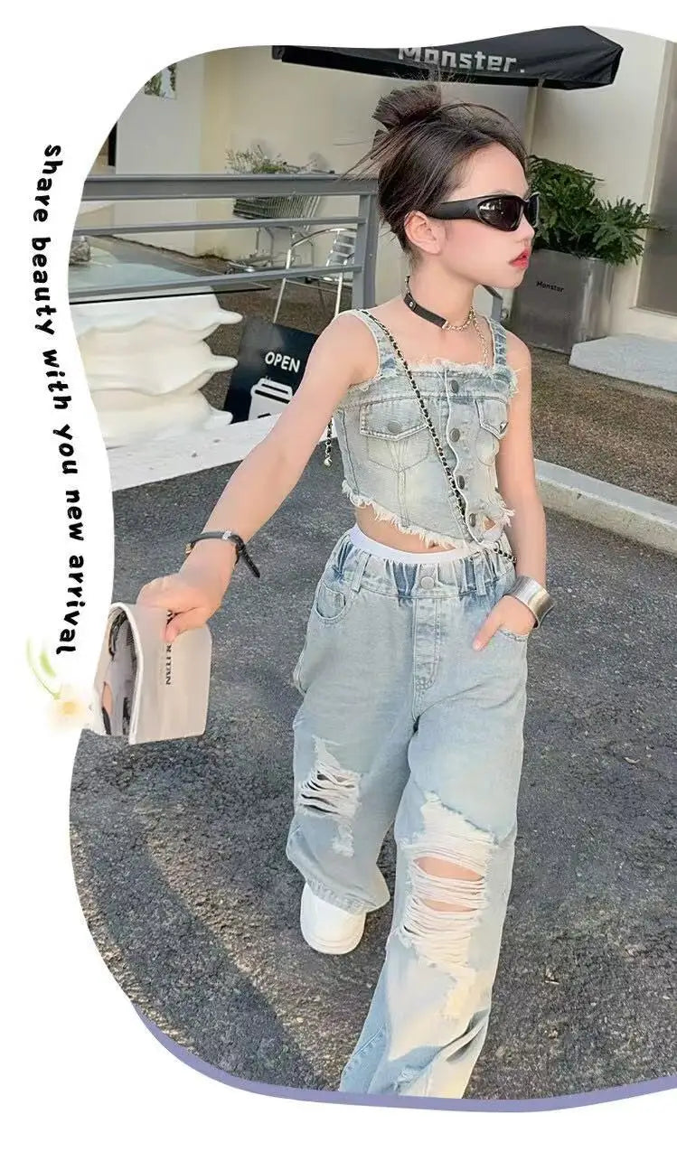 Girl Summer 2025 Halter Vest Ripped Wide-Leg Pants Two-Piece Set Kids Casual Harbor Flavor Simple Style