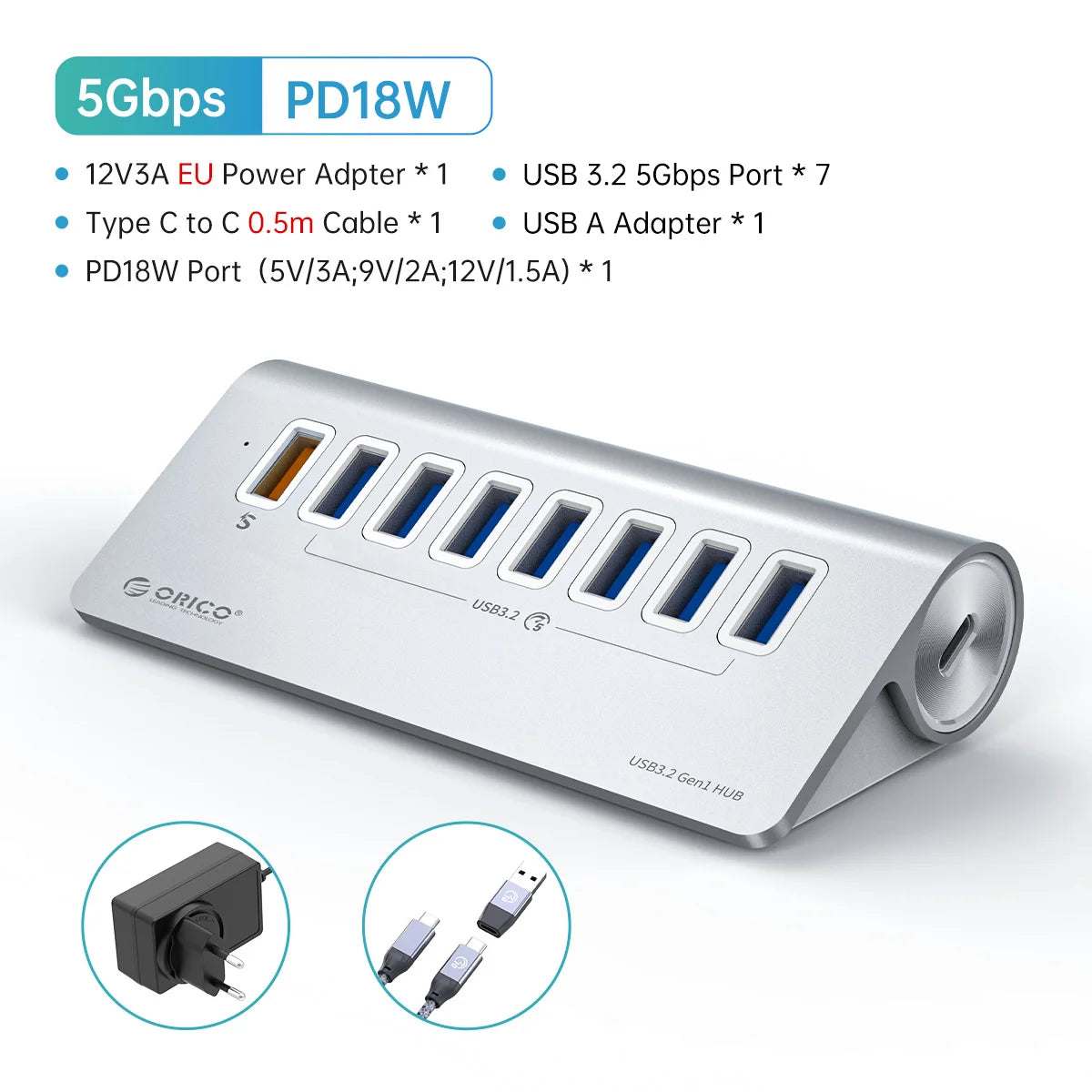 ORICO Aluminum Powered USB3.0 HUB 7/10 Ports USB Extension with Switches 12V Power Adapter Support BC1.2 Charging Splitter