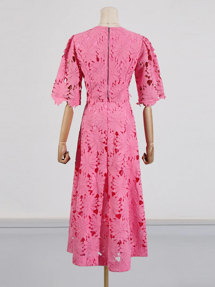VGH Embroidery Two Piece Set for Women O Neck Batwing Sleeve Top High Waist Hollow Out A Line Long Skirt Elegant Suit Female New