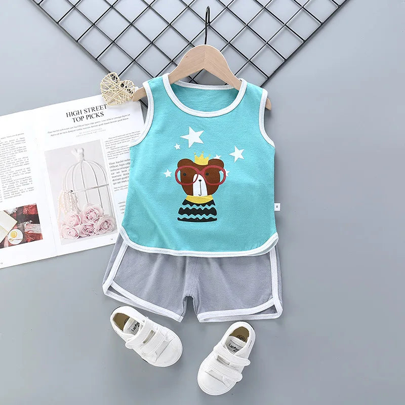 2025 New Summer Children Clothing Set Boys Girls Sleeveless Shorts Children's Suspenders Baby Vest set Kids Clothes