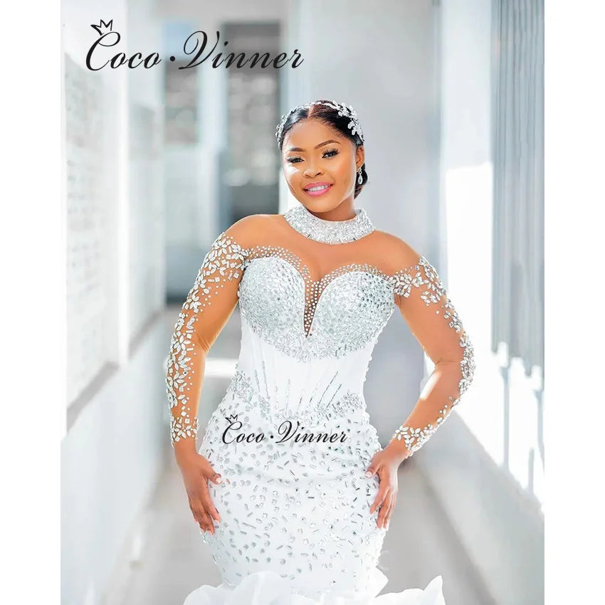Customized Luxury Mermaid Wedding Dresses For Africa Brides Organza Ruffles Crystal Beading Quality Wedding Dress China W1406