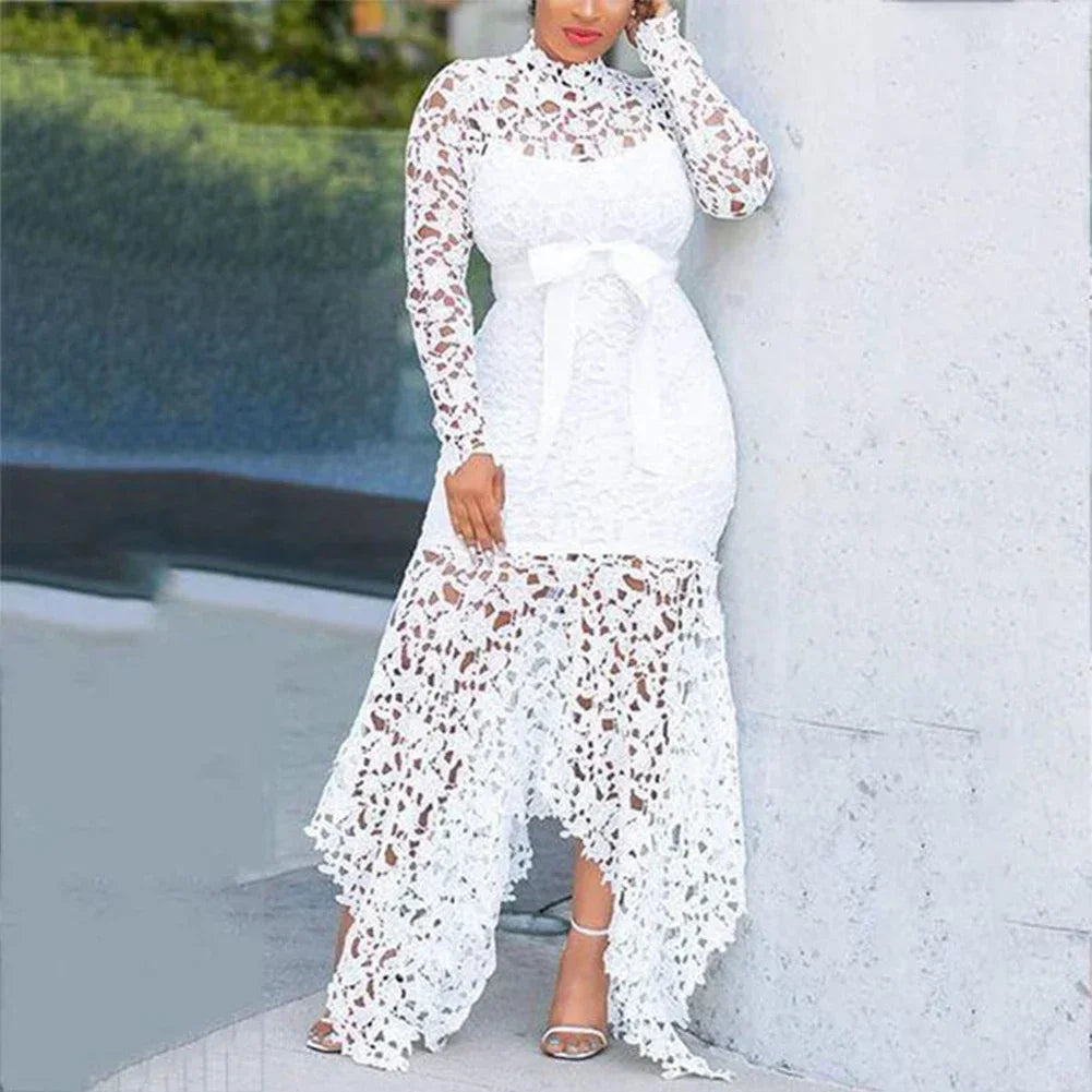 African Ladies Evening Gown Dresses Sexy Lace Long Sleeve Stand Collar Strappy Irregular Elegant Plus Size Long Dress Wedding