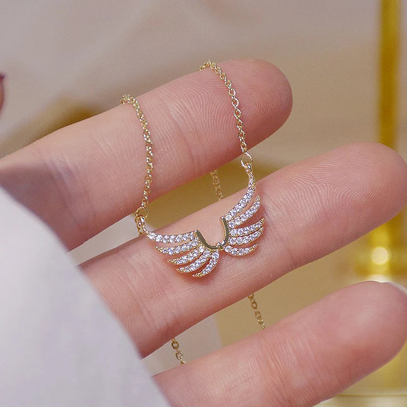 JUWANG Classic Retro Metal Luxury Rhinestone Super Shine Zircon Angle Wing Necklace For Women Sexy Stainless Steel Pendant 2023
