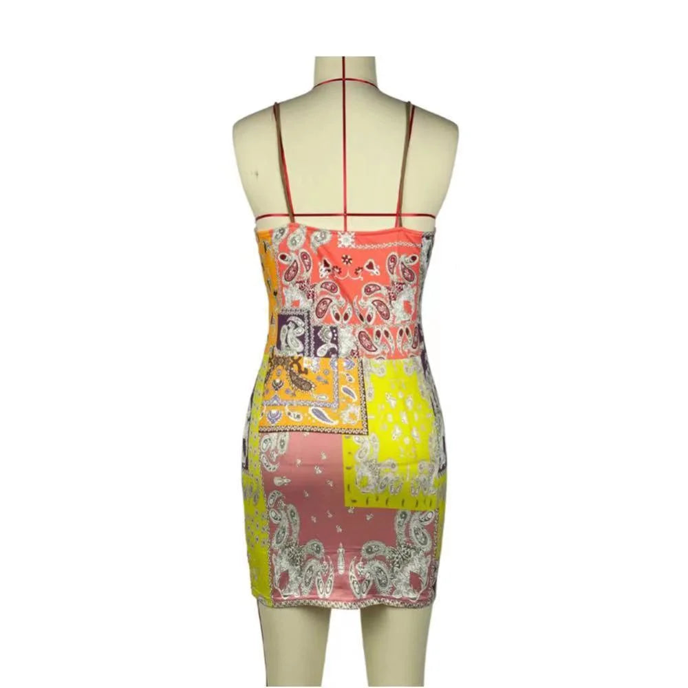 Summer Clothing Women Fashion Sexy Hijab Print Spaghetti Strap Dress Casual Beach Sleeveless Club Slim Fit Party Mini Dress